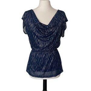 Studio Y Top Women’s Size S Blue Silver Short Sleeve Cowl Neck Gathered Waist